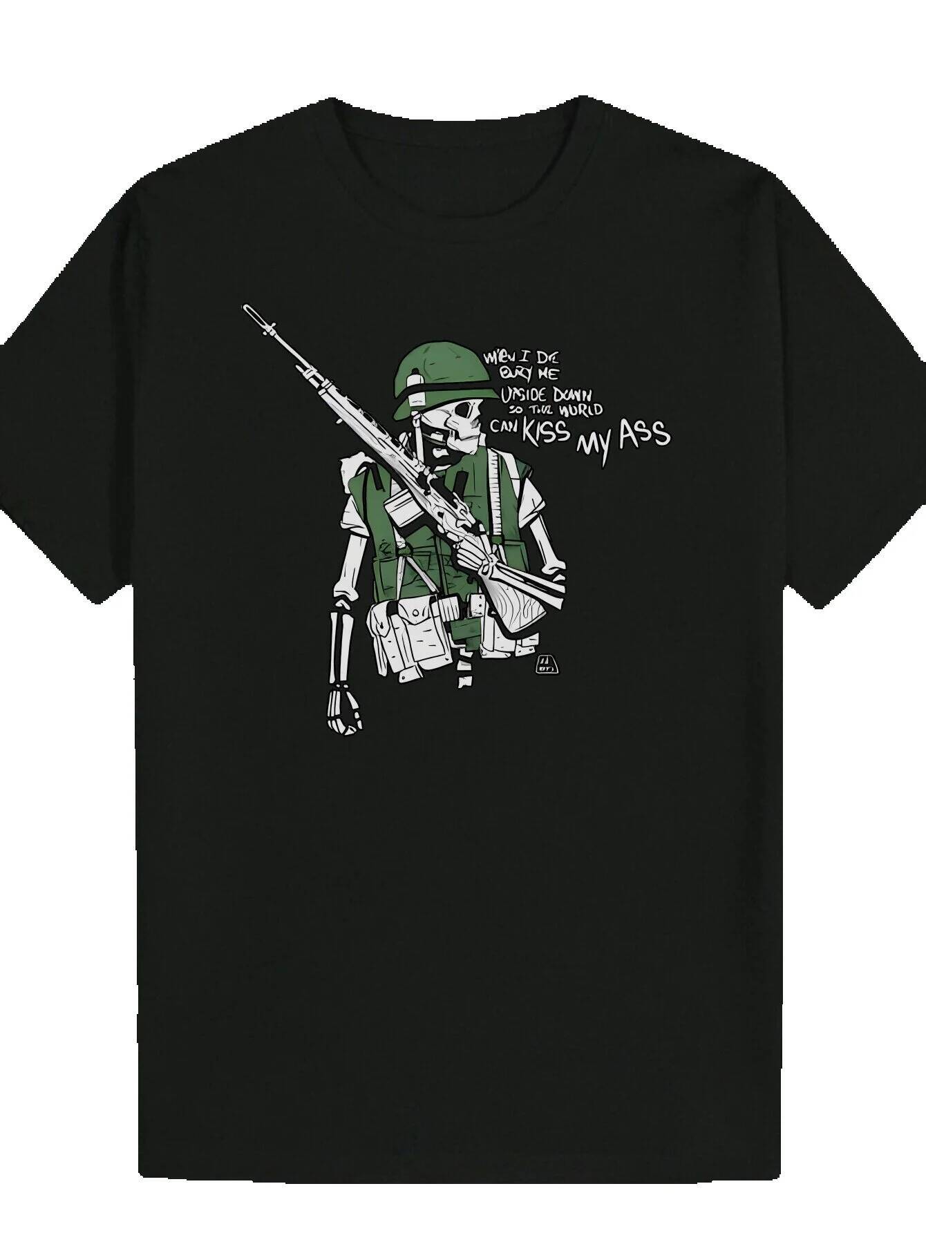 Men's Summer Crew Neck Polyester with Skull Soldier Pattern, Dark Background and Humorous Quotes, Regular Fit, Breathable Fabric, Suitable for Ca