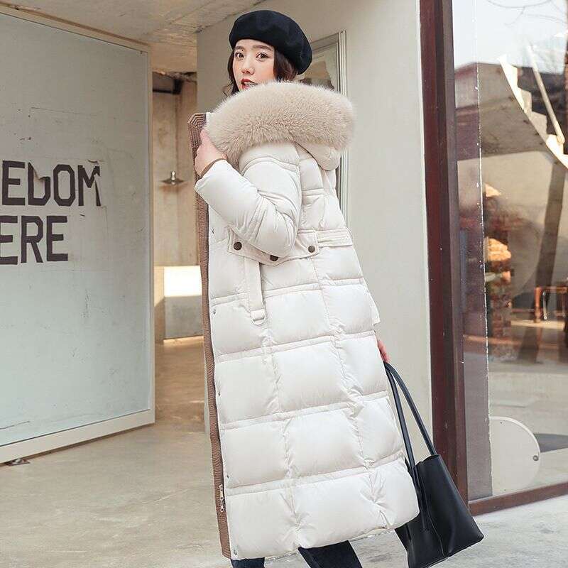 Winter new large fur collar, medium length waist belt, slim fit down cotton women's jacket