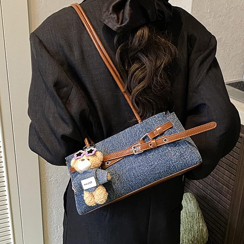 PU Denim Underarm High-End Color-Block Baguette 2025 New Korean Style Casual Niche Shoulder Bag ddmymoon