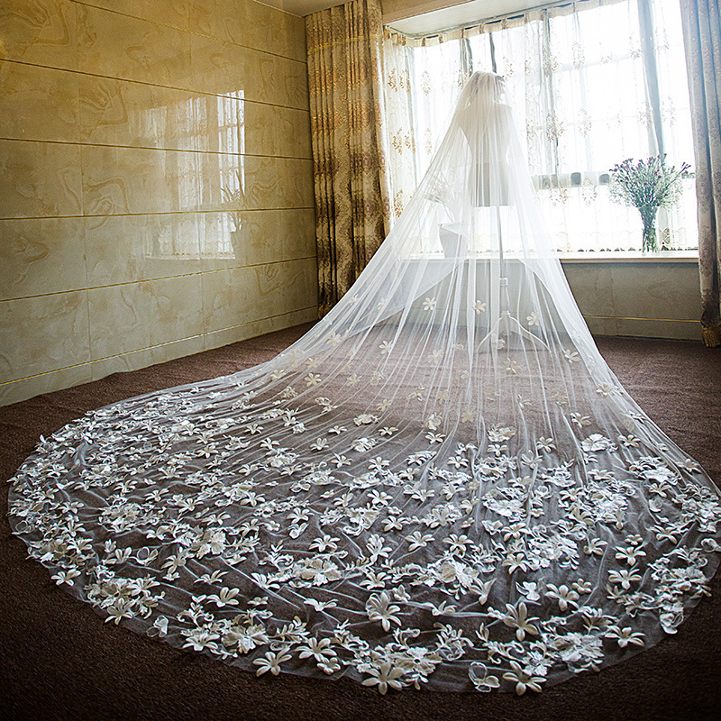Luxurious Wedding Veils 3D Flowers Floral Appliques With Comb Bridal Veils Long Cathedral Length Marriage Accessories