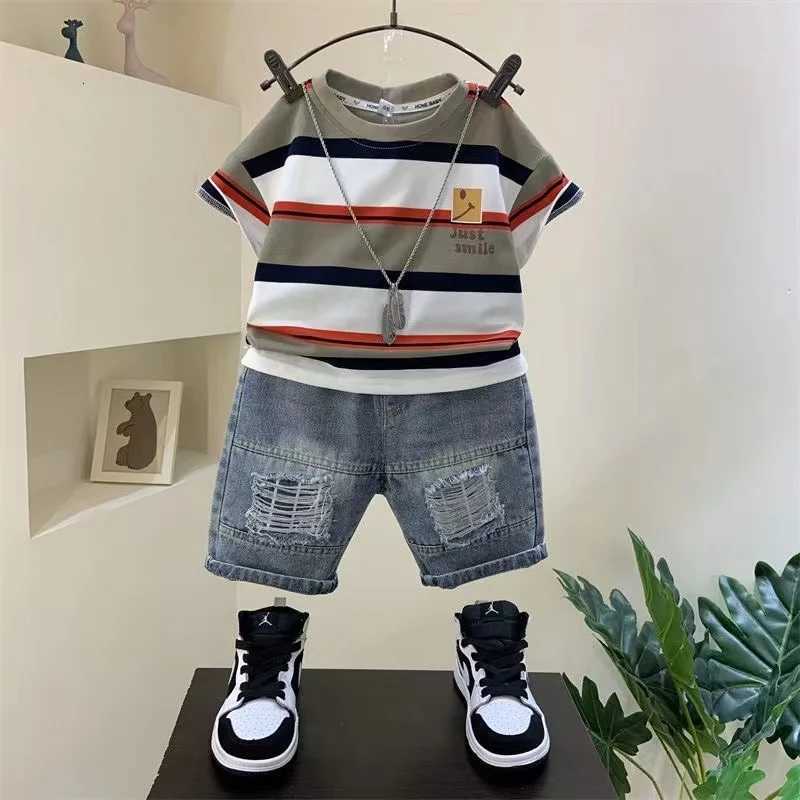 2023 Boys Summer New Boutique Design Outfits Cotton Set Baby Boys Short Sleeve Shirt Jeans Shorts 2pcs Childrens Clothing 6 7 8Y Z250811