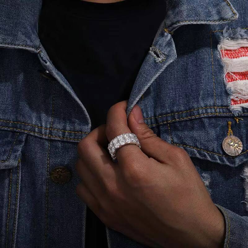 2025 new S925 Sterling Silver Ring Double Row Moissanite Hip Hop Ring Simple and Fashionable Personality