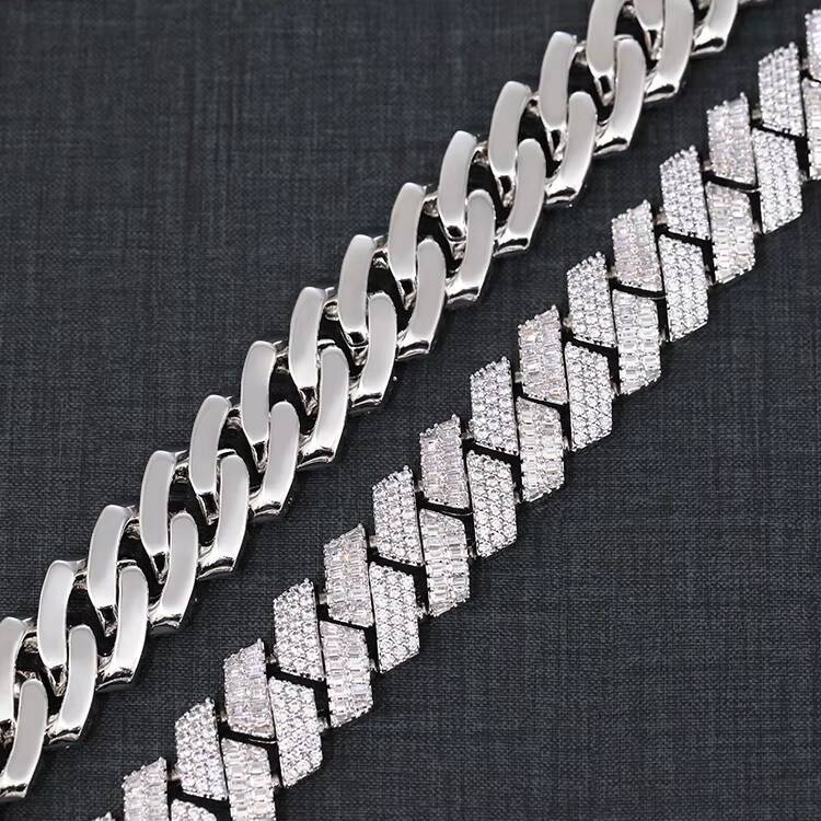 Luxury Jewelry 18K Gold Plated 925 Solid Silver Baguette and Round Moissanite Diamond Cuban Link Chain with GRA Certificate