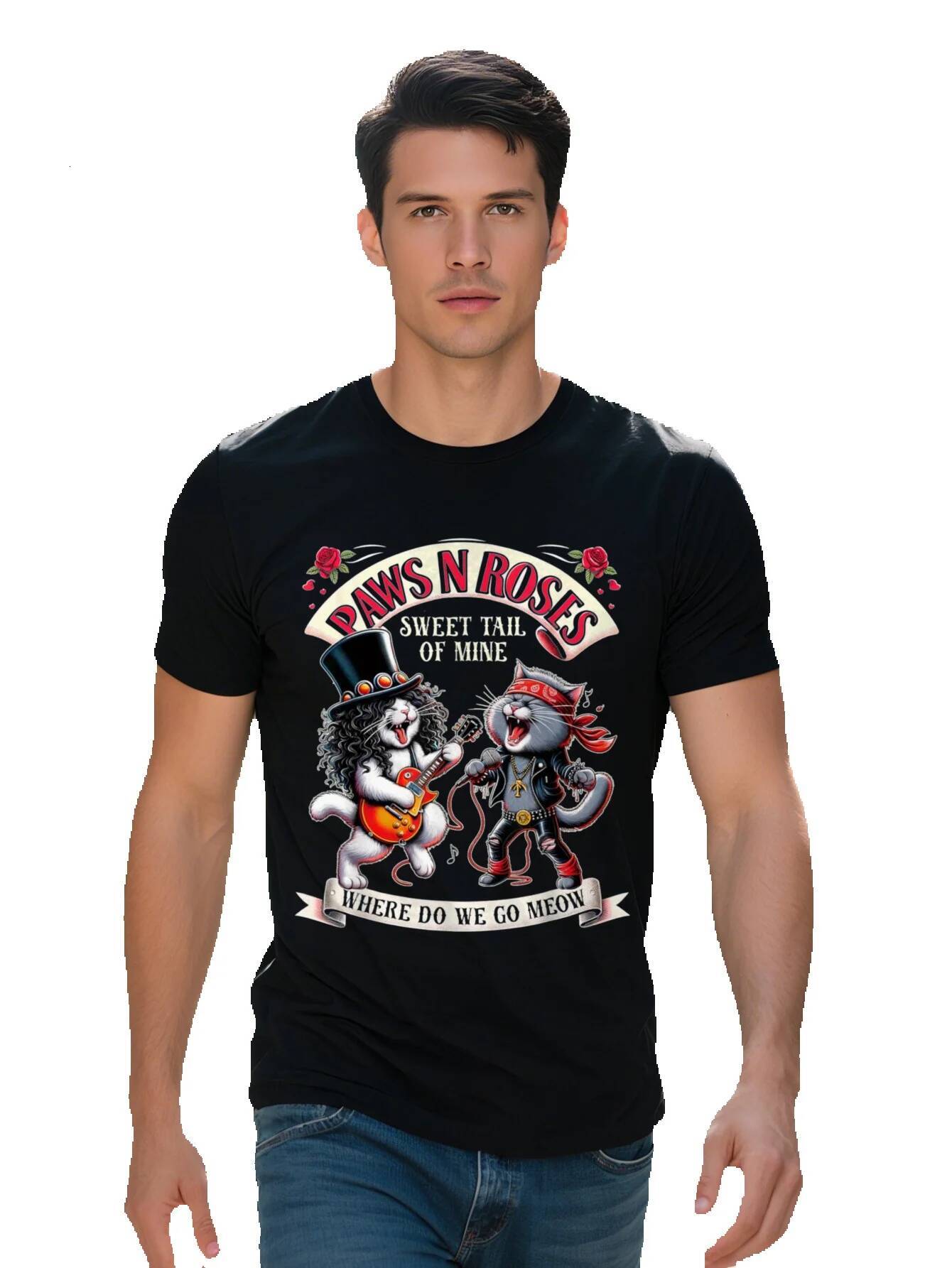 Funny Rock Cats Playing Guitar Graphic T Shirt PAWS N ROSES Sweet Tail of Mine Design Cotton Breathable Short ca9ef