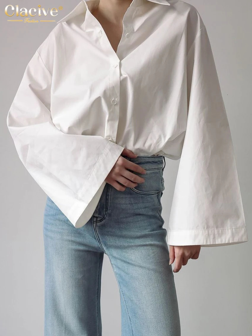 Clacive Fashion Loose White Cotton Womens Blouse 2025 Casual Lapel Long Sleeve Shirt Elegant Classic Solid Top Female Clothing 250811