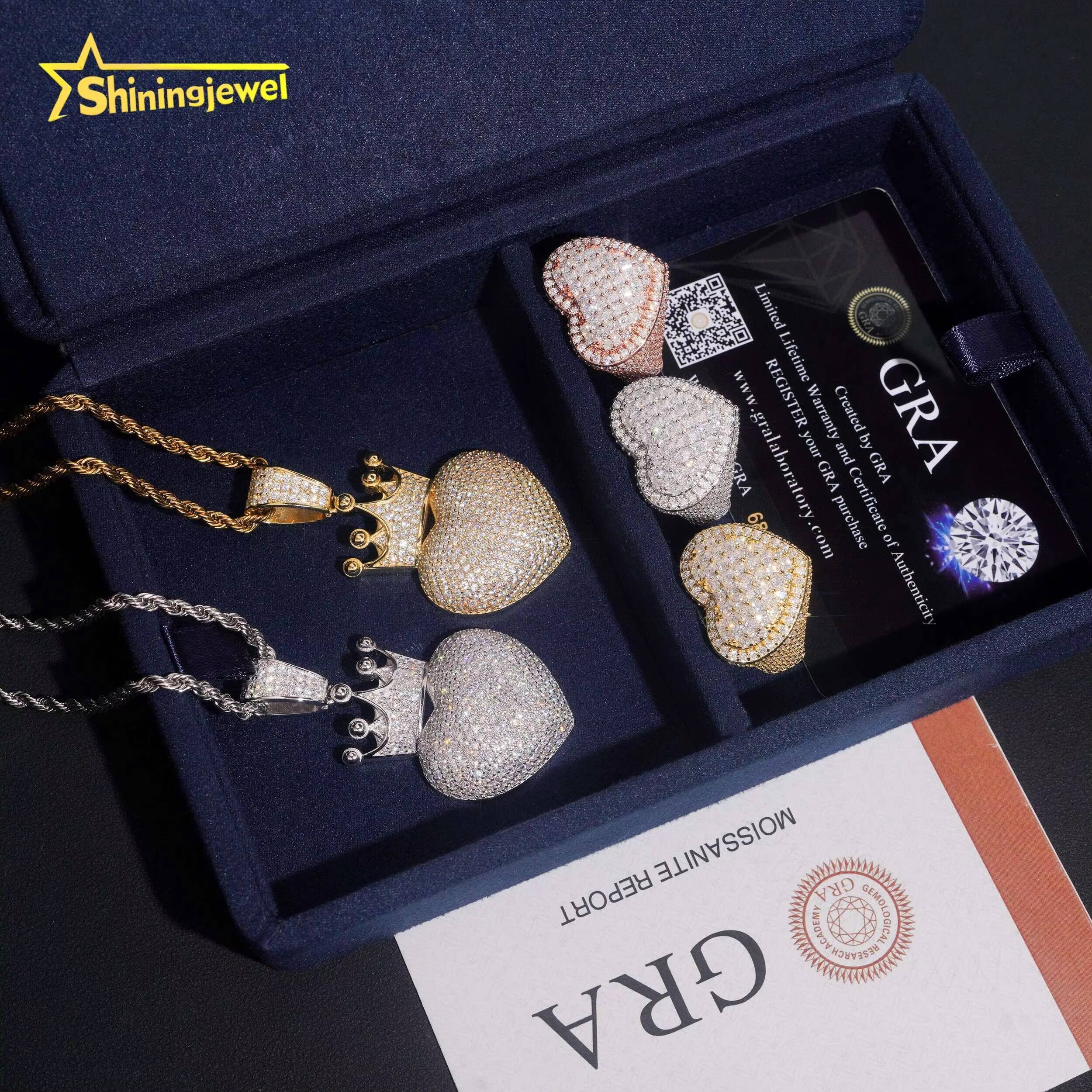 Iced Out Luxury Jewelry Sets Hip Hop 925 Sterling Silver Heart Shape D VVS Moissanite Ring with Pendant GRA Certificated