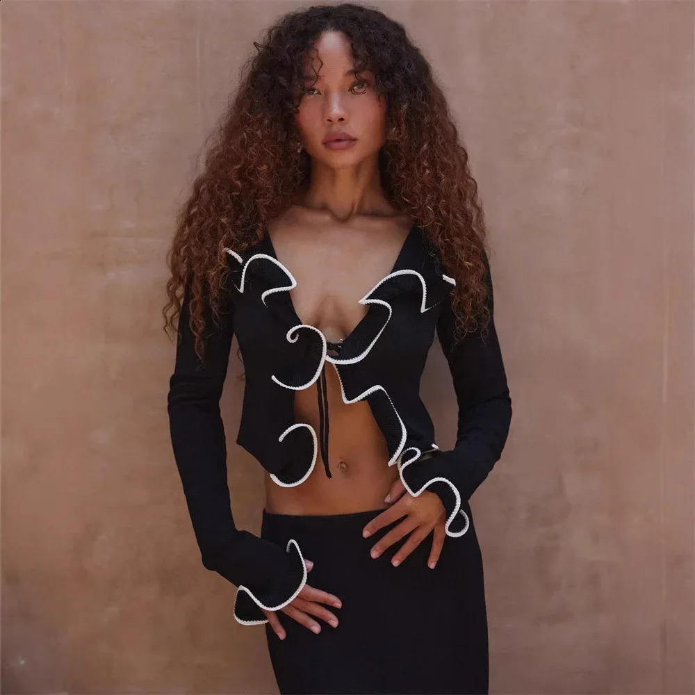 Women Ruffled Autumn Sweater Cardigan With Lace Up Long Sleeves Fashionable Patchwork Top Black Cardigan For Women 250804