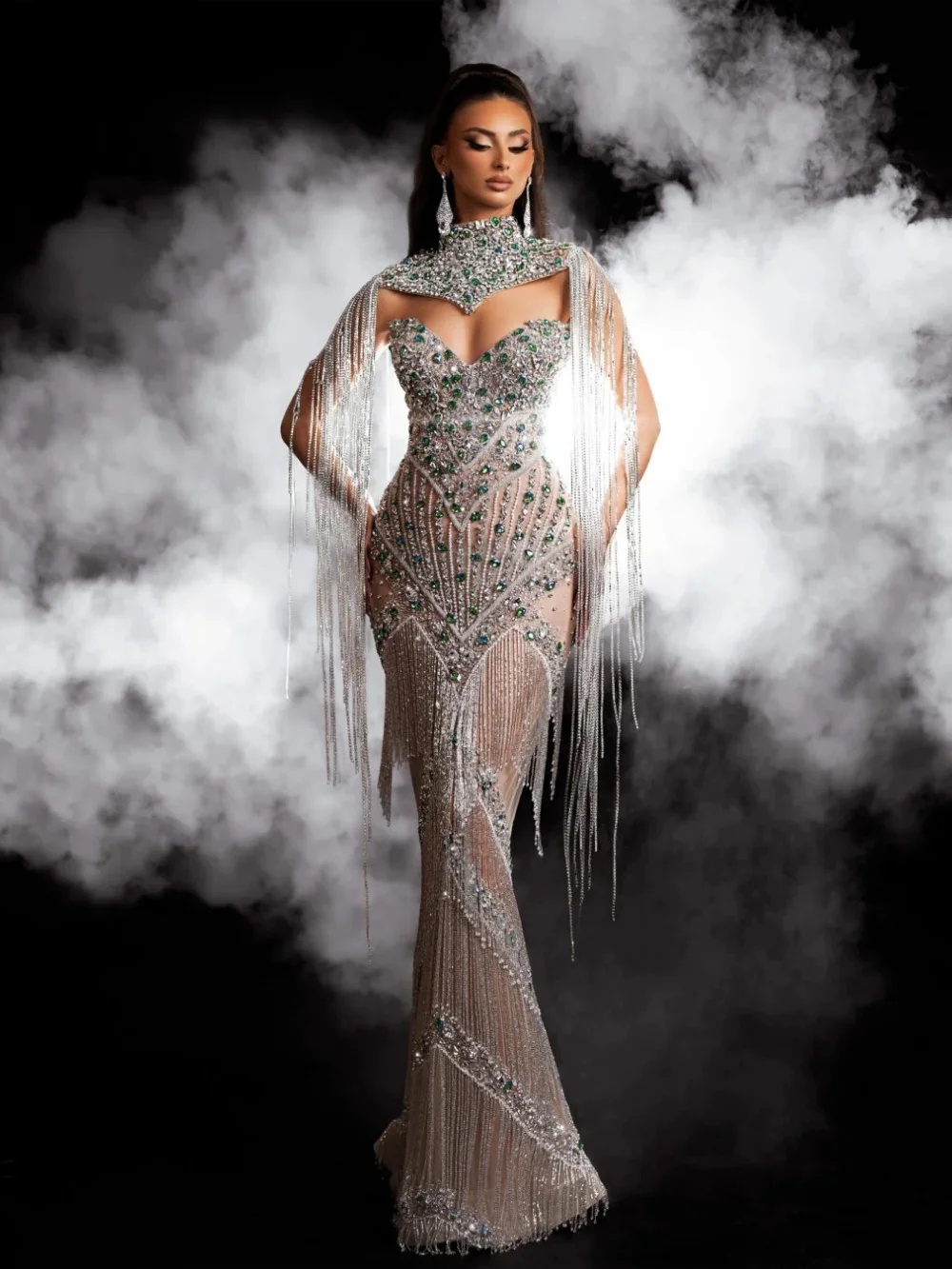 Luxurious High Neck Evening Dresses Customized Sexy Crystal Tassels Prom Dress Sequined Floor Length Party Gown