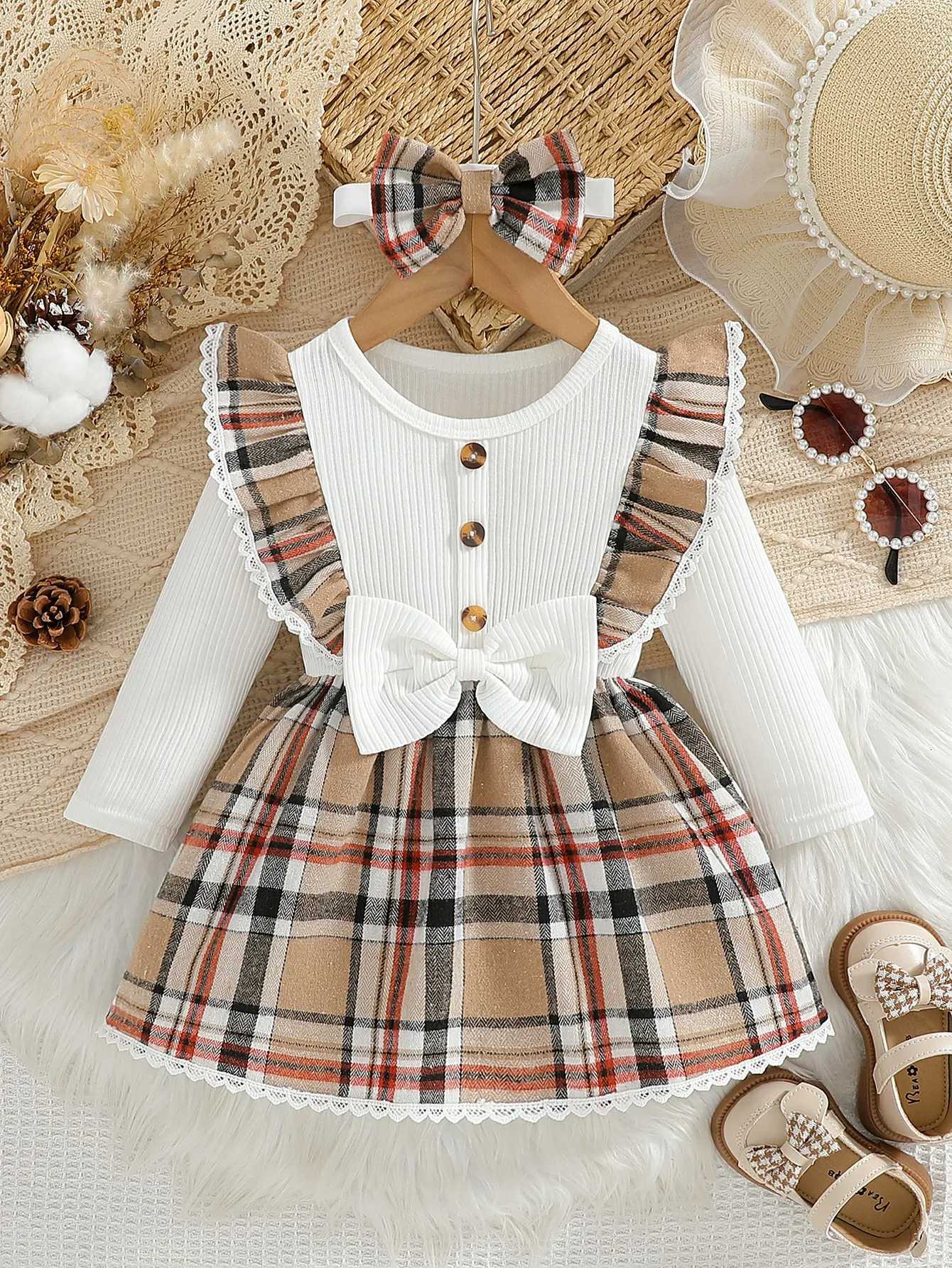 Baby Girls New Fashionable Plaid Patchwork Groove Lace Design Bow Dress and Headband W250811