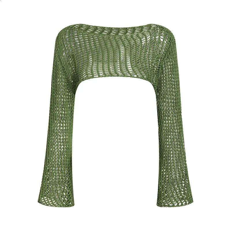 Summer Green Long Sleeve Smock Knitted Crop Top Women Y2k Beach Sexy Backless Hollow Out Party Blouse Shirts 250809