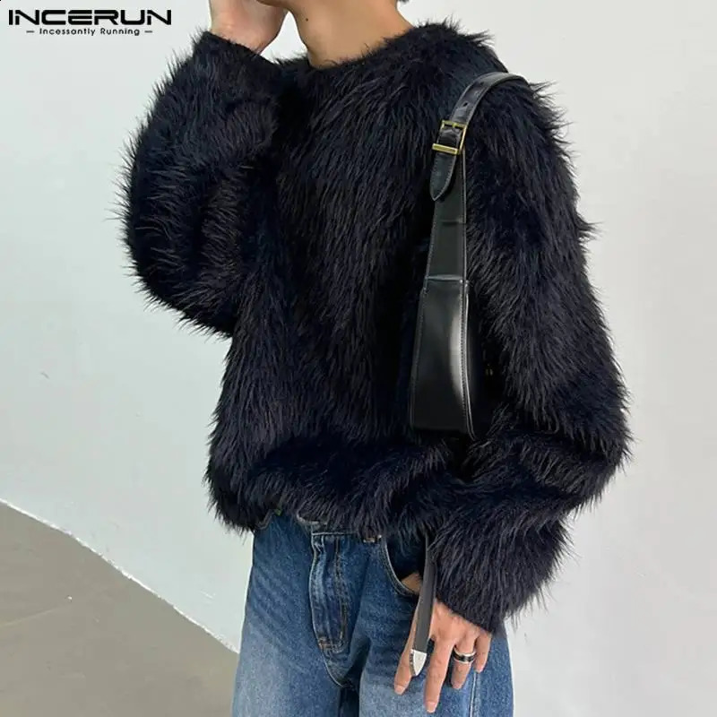 INCERUN Tops Korean Style Handsome Mens Loose Faux Plush Fabric Pullover Casual Streetwear Solid Long Sleeved Sweater S-5XL 250805