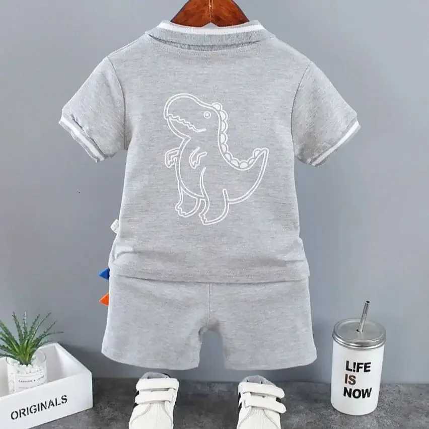 Infant Baby Boy Sets Summer Clothing Casual Sport Suit Polo Shirt + Shorts 2-Piece Set Boys Kids Gray Dinosaur Print Tracksuit Z250811