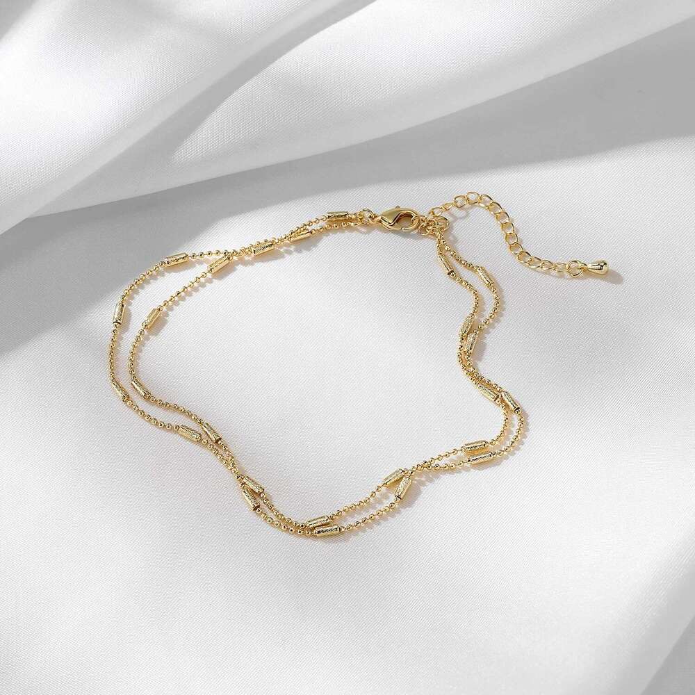 Dainty Layered Anklet,14K Gold Filled Cute Beads Satellite Chain Heart Boho Adjustable Anklets for Women
