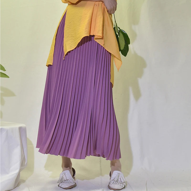 Vintage Pleated Midi Long Skirt For Women Korean Fashion Casual High Waist Chiffon Skirts Jupe Faldas 18 Color Autumn SK397 250811