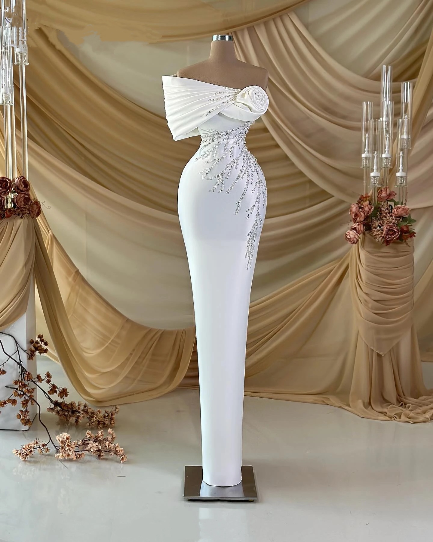 Simple Wedding Dresses Sequins Bridal Gowns One Shoulder Pearls Ruffle Slim Satin Mermaid Floor Length Customized Vestidos De Novia Plus Size