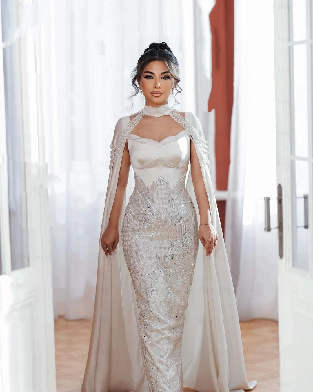 Elegant A Line Women Wedding Dress Halter Sleeveless Wrap Bridal Gowns Pearls Sequins Sweep Train Dress Customized vestidos de novia