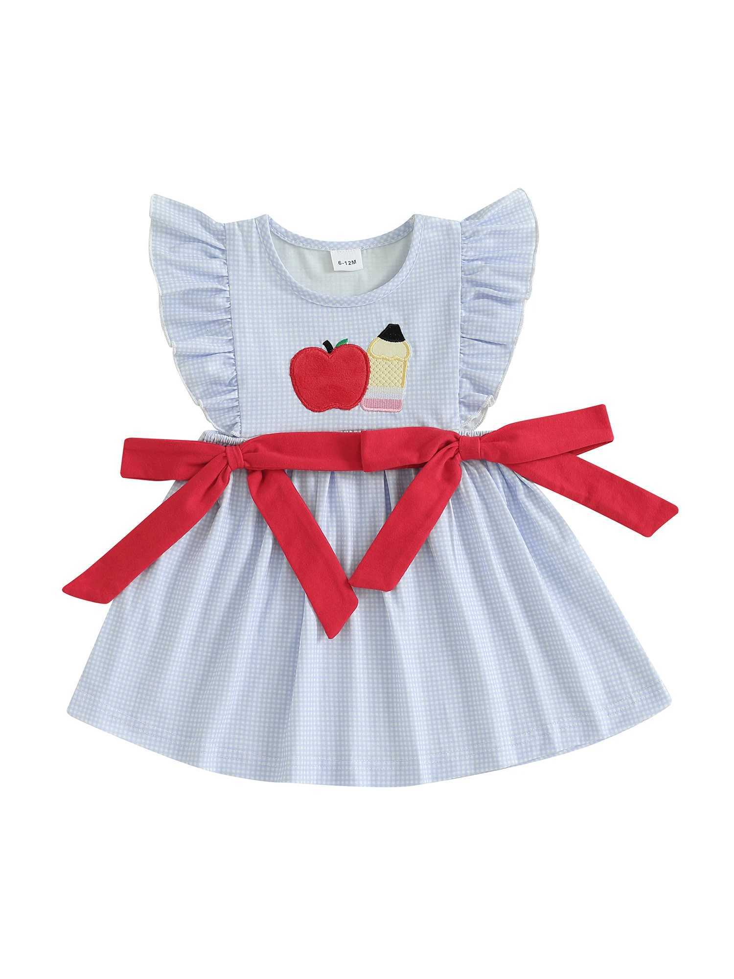 Adorable Baby Girl Summer Dress with Embroidered Flowers Plaid Bows and Flutter Sleeves - Loose Fit Ruffled Trim Dress W250811