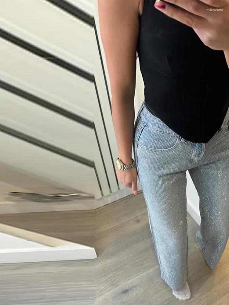Women's Jeans Sparkling Women Slight Blue All-Over Rhinestone Denim Full s Pants High Waist Straight Luxury Casual Daily Trousers Z260313