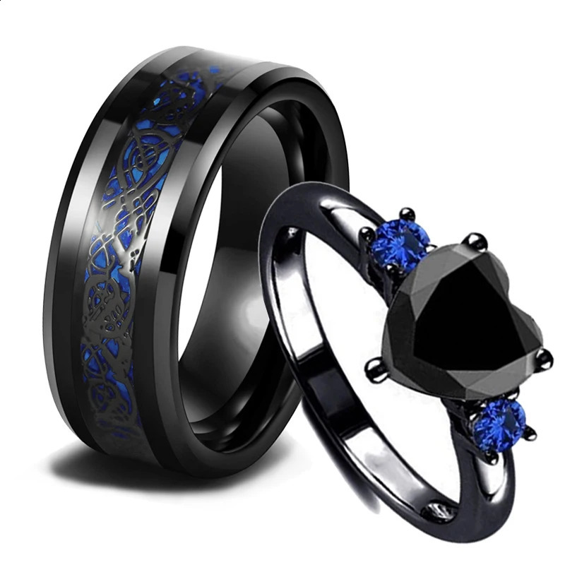 Charm Couple Rings For Men Stainless Steel Celtic Dragon Ring Heart Black Zircon Women Wedding Rings Set Valentines Day Jewelry 250805