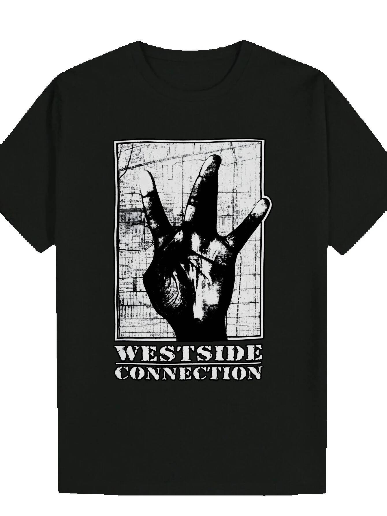 Men's Summer Casual Pattern T-Shirt - Black Urban Streetwear Design with West End Connection and Peace Sign Art, Breathable Polyester Crew Neck T