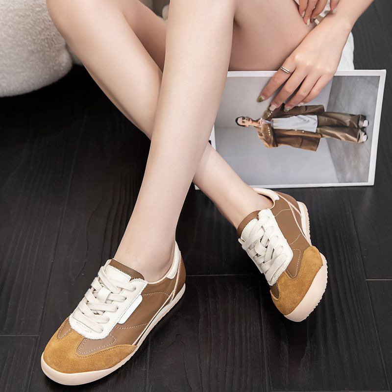 Genuine leather women's Dexin shoes 2025 designer new retro color blocked flat shoes casual sports shoes