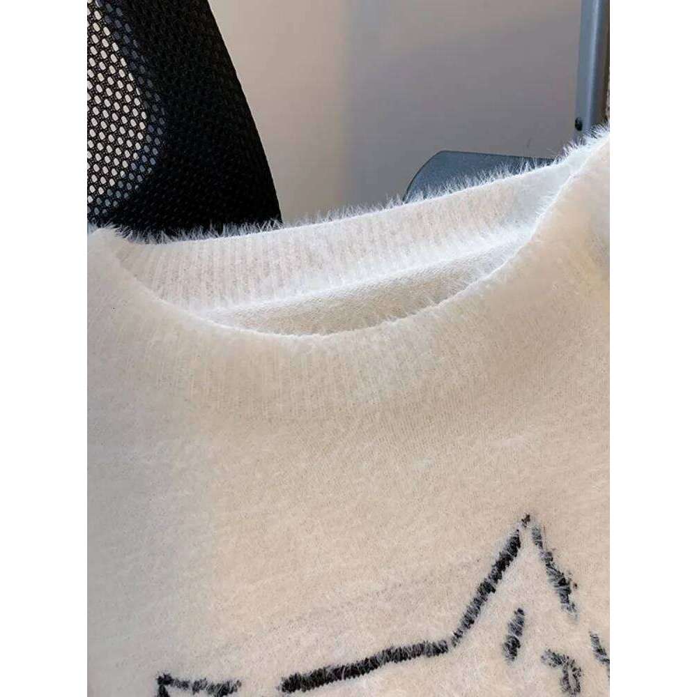 Vintage Preppy Kawaii Cartoon Jacquard Pullovers Sweet Haruku Loose Grunge Jumpers Y2k Aesthetic Women White Knitted Sweaters