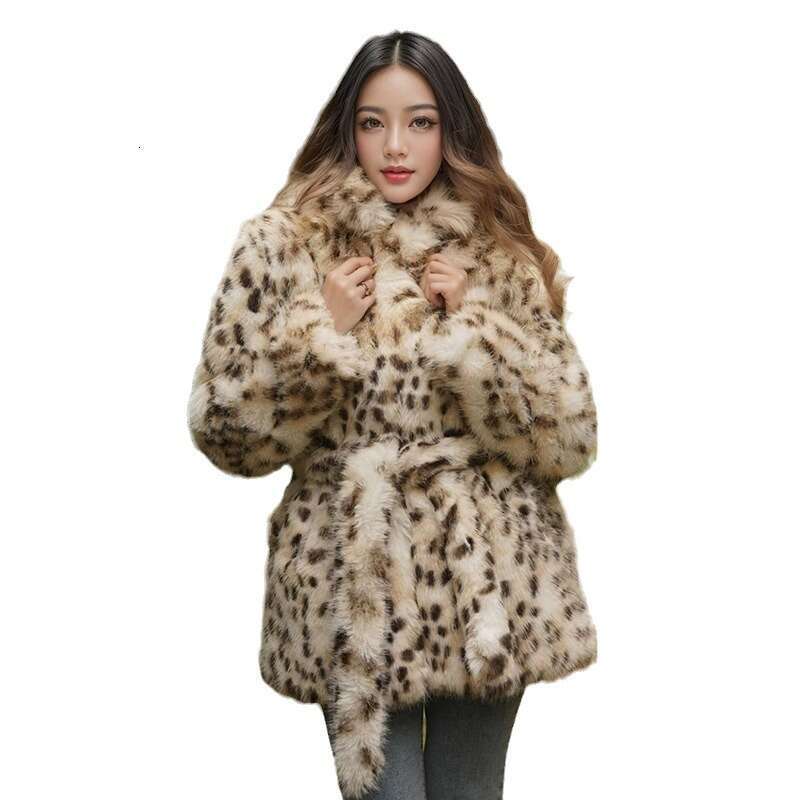 Autumn and winter fashion elegant faux fur leopard print coat suit collar belt women's mid length top
