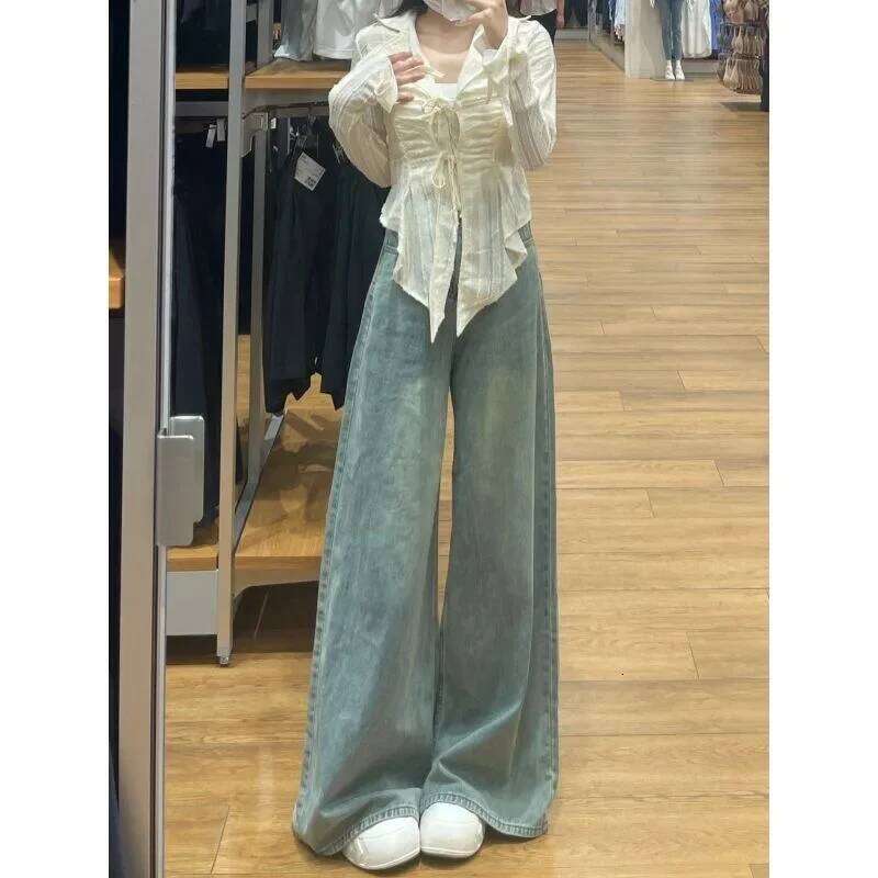 High Waist Pants for Solid Casual Baggy Women Washed Vintage Wide-leg Jeans Youthful Female Trousers Streetwear Y2k