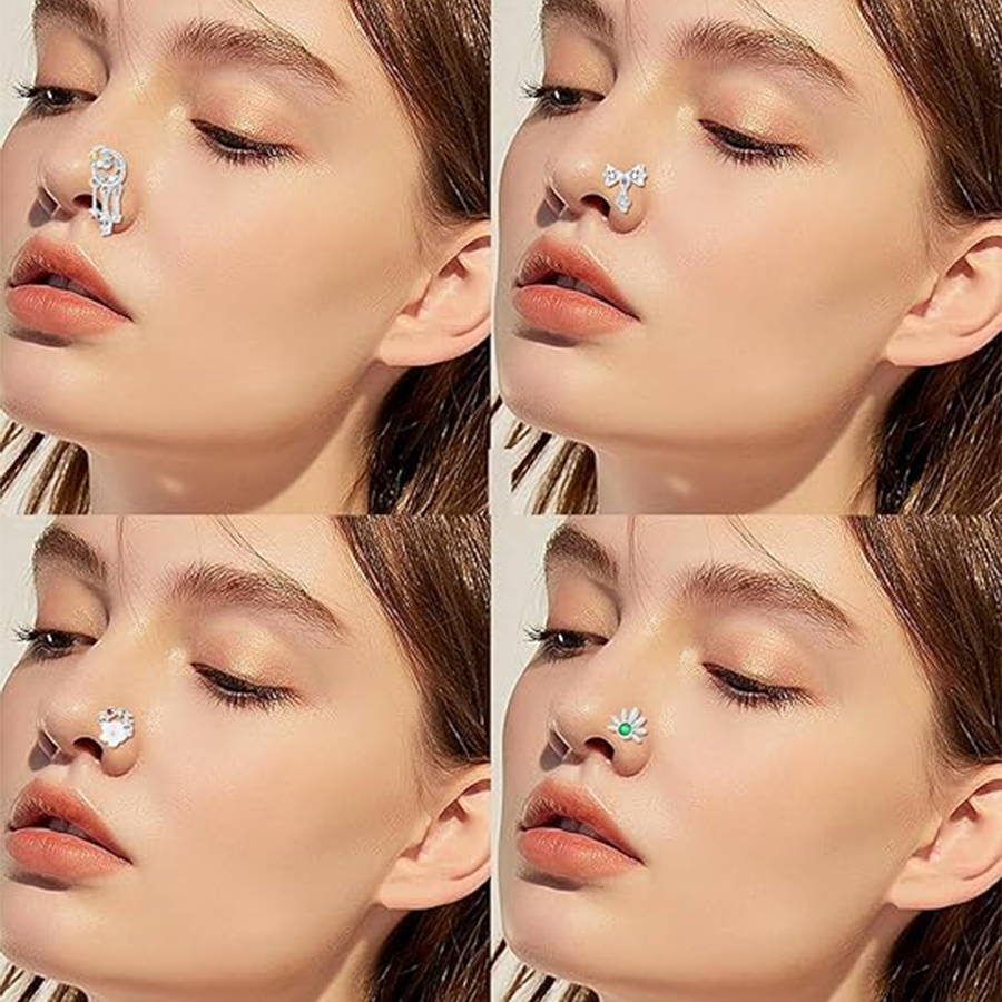 16Pcs 20G Nose Rings L Shaped Nose Studs for Women Stainless Steel Heart Snake Flower Bowknot CZ Butterfly Moon Dangle Nose Stud Ring Body Piercing Je