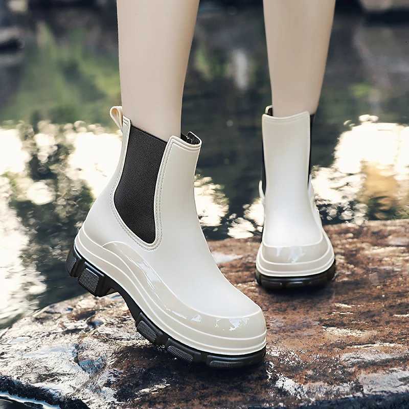 Martin Rain Boots for Women Fashionable Short-Tube Waterproof Shoes for Outdoor Wear New Mid-Tube Chelsea Waterproof Anti-Slip Rain Boots for Women W2