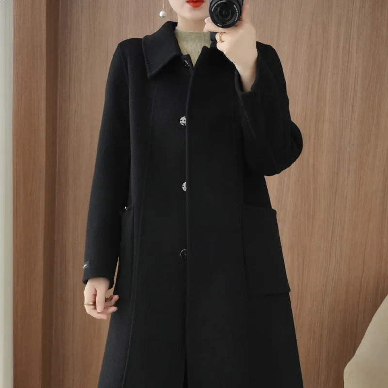 Winter Autumn Christmas Black Loose Long Wool Coat Jacket Belt Woolen Overcoat Korean Women Split Hem Cardigan Outerwear 250805