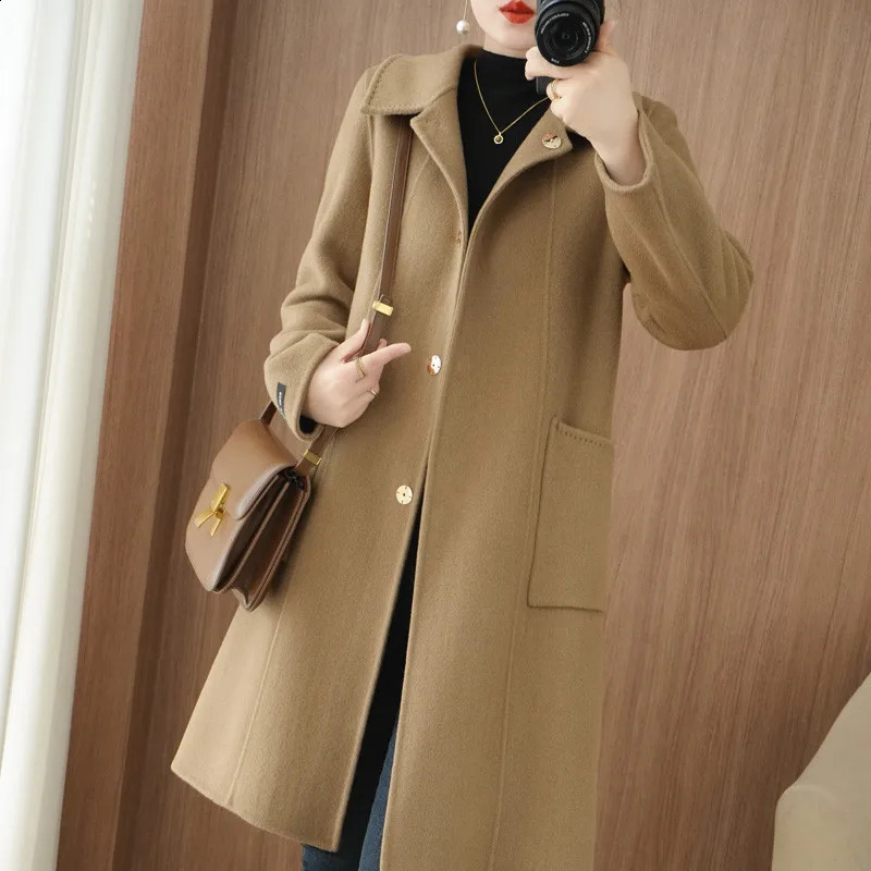 Winter Autumn Christmas Black Loose Long Wool Coat Jacket Belt Woolen Overcoat Korean Women Split Hem Cardigan Outerwear 250805