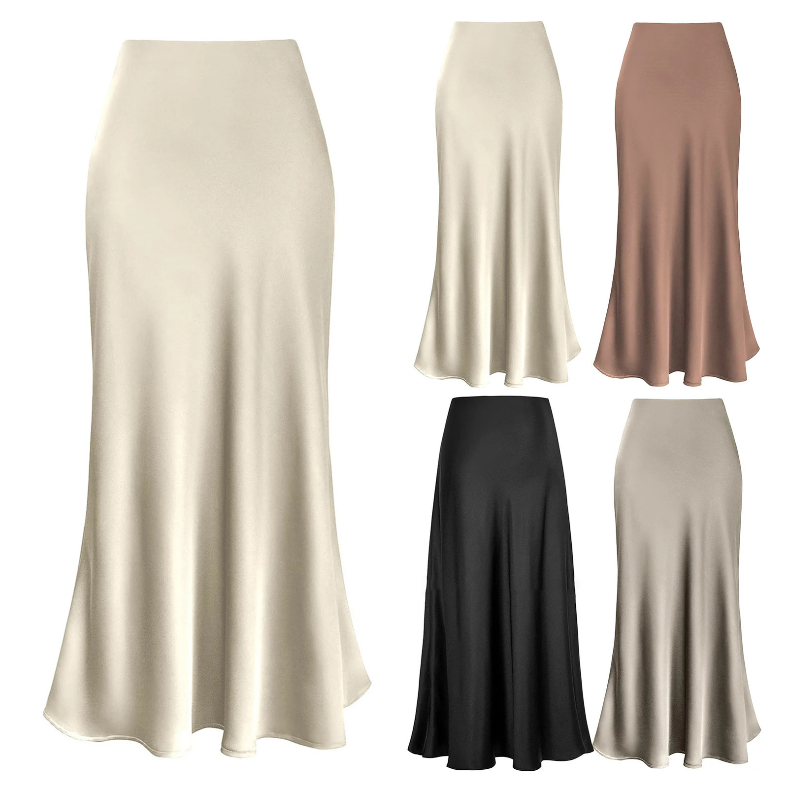Long Black Satin Skirts For Women 2025 Spring Summer Straight Maxi Champagne Skirt Elegant Women Satin Silk Skirts Long Brown 250811