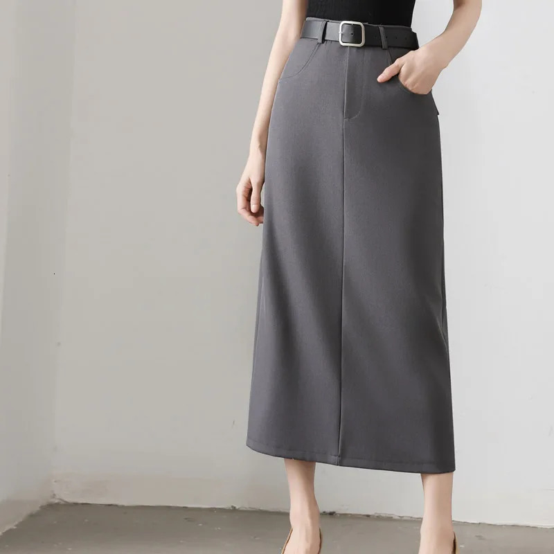 Spring Summer Vintage Grey Back Split Womens Wrap Skirts High Waist Office Lady Sheath Pencil Long for 250811