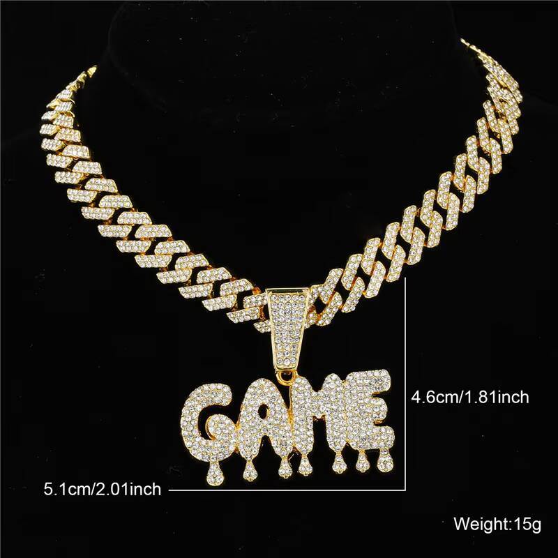 Hip Hop Icy Bling Jewelry Mens Luxury Gold Plated Rhinestone Diamond Drip GAME Letter Pendant With Prong Cuban Necklace CHAIN