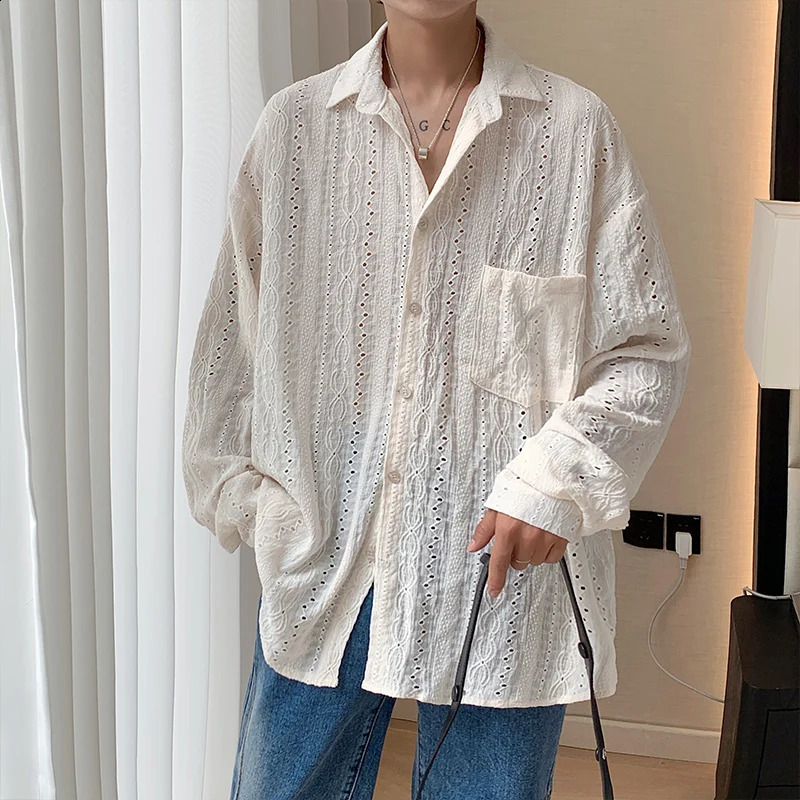 Shirts for men Apricot Handsome Lapel Men Blouse Vacation Hollow Out Sexy Fashion Men Clothing Male Mesh Long-sleeved Shirts 250811