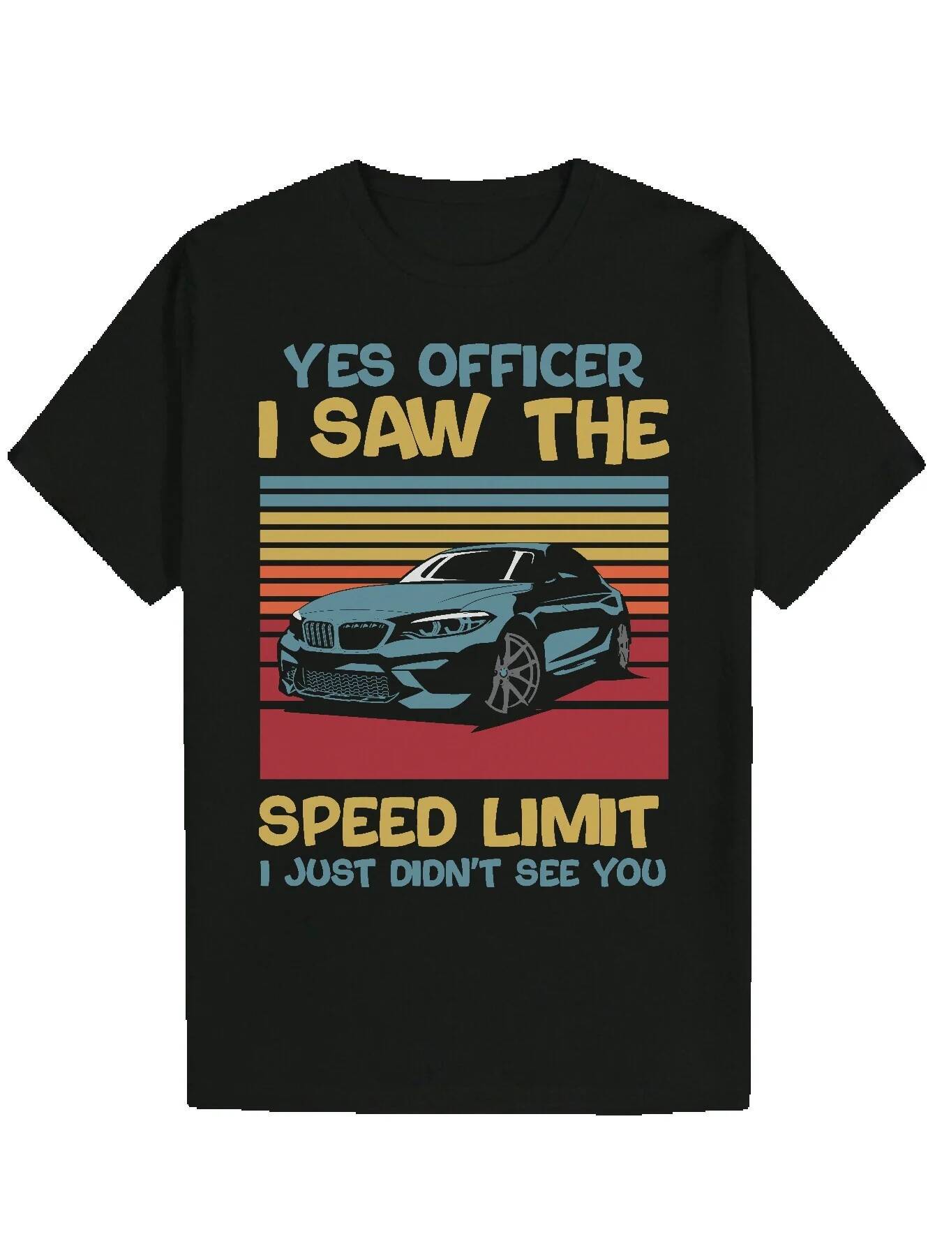 Men's Summer Casual Pattern - Bold 'YES OFFICE' and Speed Limit Humor Design, Black Polyester T-Shirt with Vibrant Sunset Stripes, Regu
