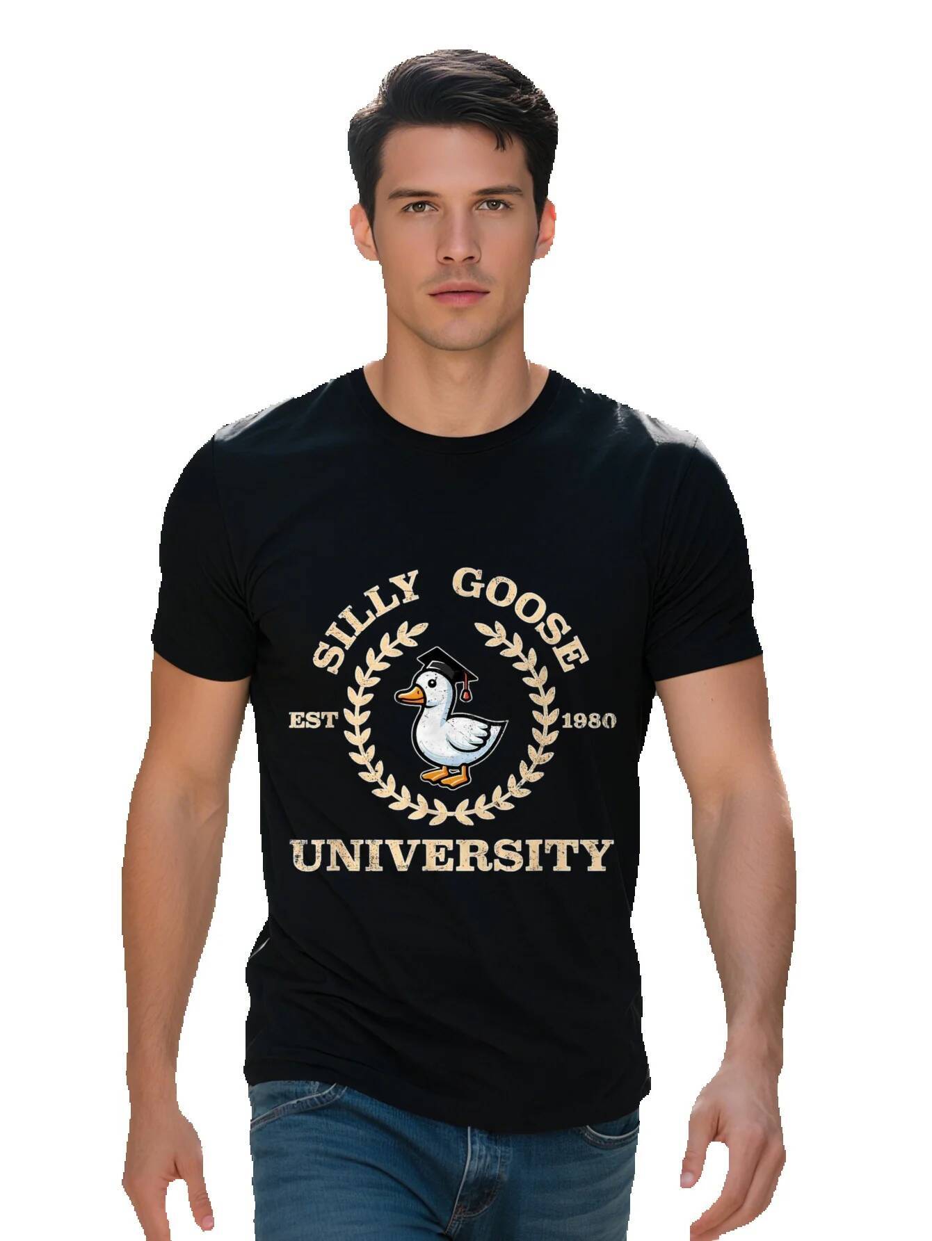 Silky Goose University Vintage Inspired T-Shirt for Men Cotton Short Sleeve Crew Neck Washable 1375c 3c8b7