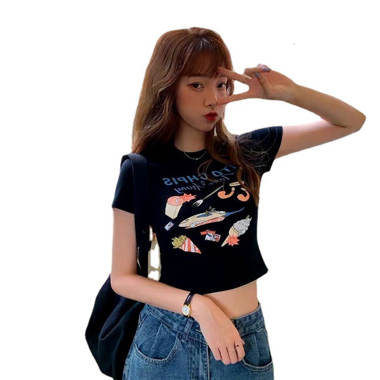 High Waist Crop Top Hot Girl Short T Shirt Women Slim Fit Korean Style Ins Internet Celebrity Summer Chic Hong Kong Style Top Short Sleeve