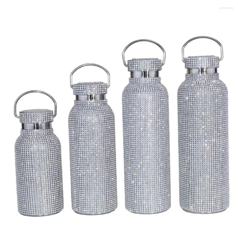 Water Bottles Thermal Rhinestone Bottle Stainless Steel Chain Bling Cups Removable Carrying Strap Refillable Glitter Tumbler Travel