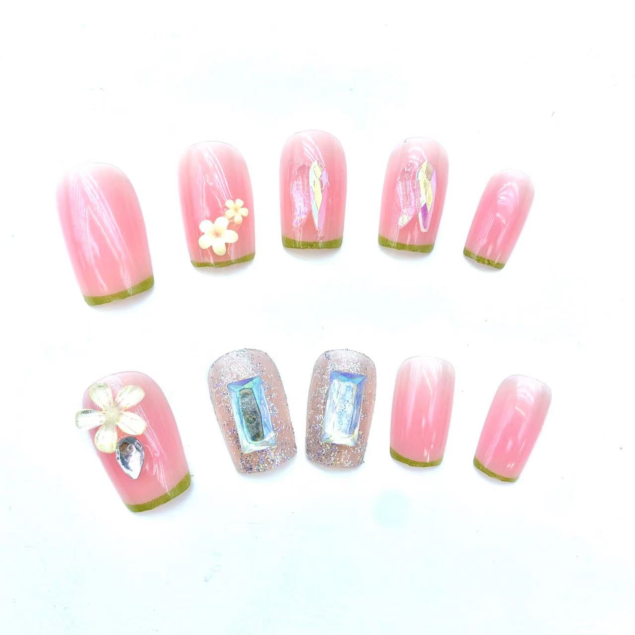 Fake nails Pink Short Round nails press on with Flower & Rhinestone Glitter Design Full Cover Handmade press on nails