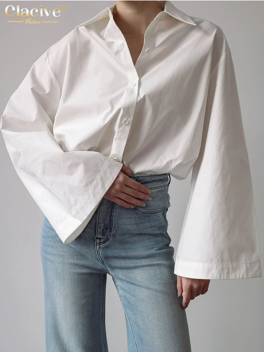 Clacive Fashion Loose White Cotton Womens Blouse 2025 Casual Lapel Long Sleeve Shirt Elegant Classic Solid Top Female Clothing 250811