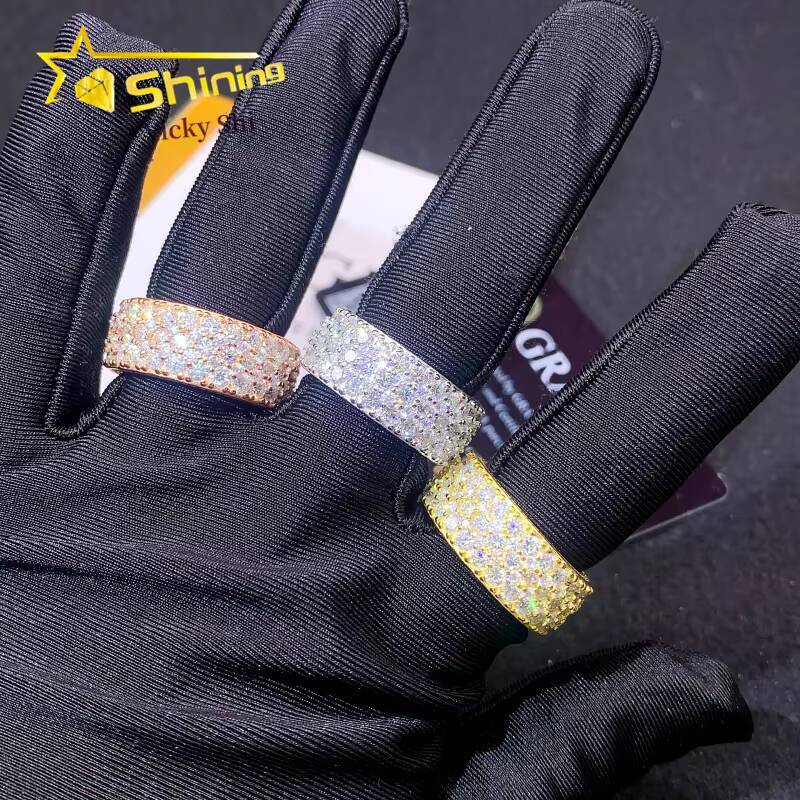 Fine Jewelry S925 Silver Hip Hop Three Rows Moissanite Ring Custom Iced Out Diamond Ring Band for Men Women