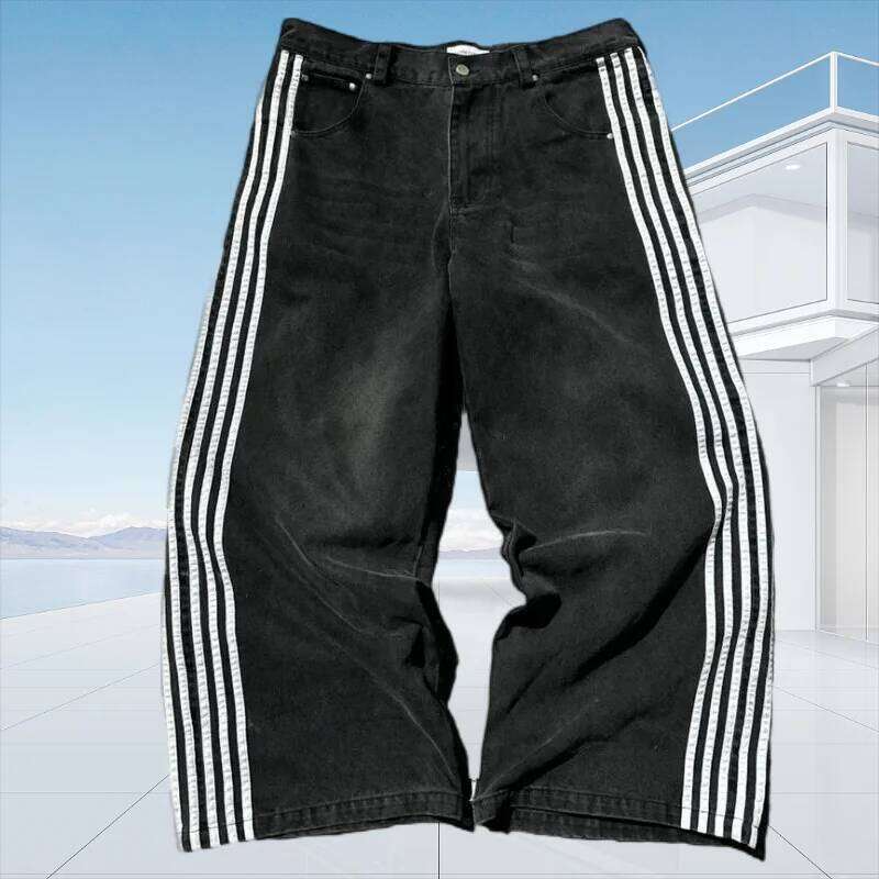 Men's vintage striped embroidered high waisted men's women's casual pants Haruku street loose wide leg jeans