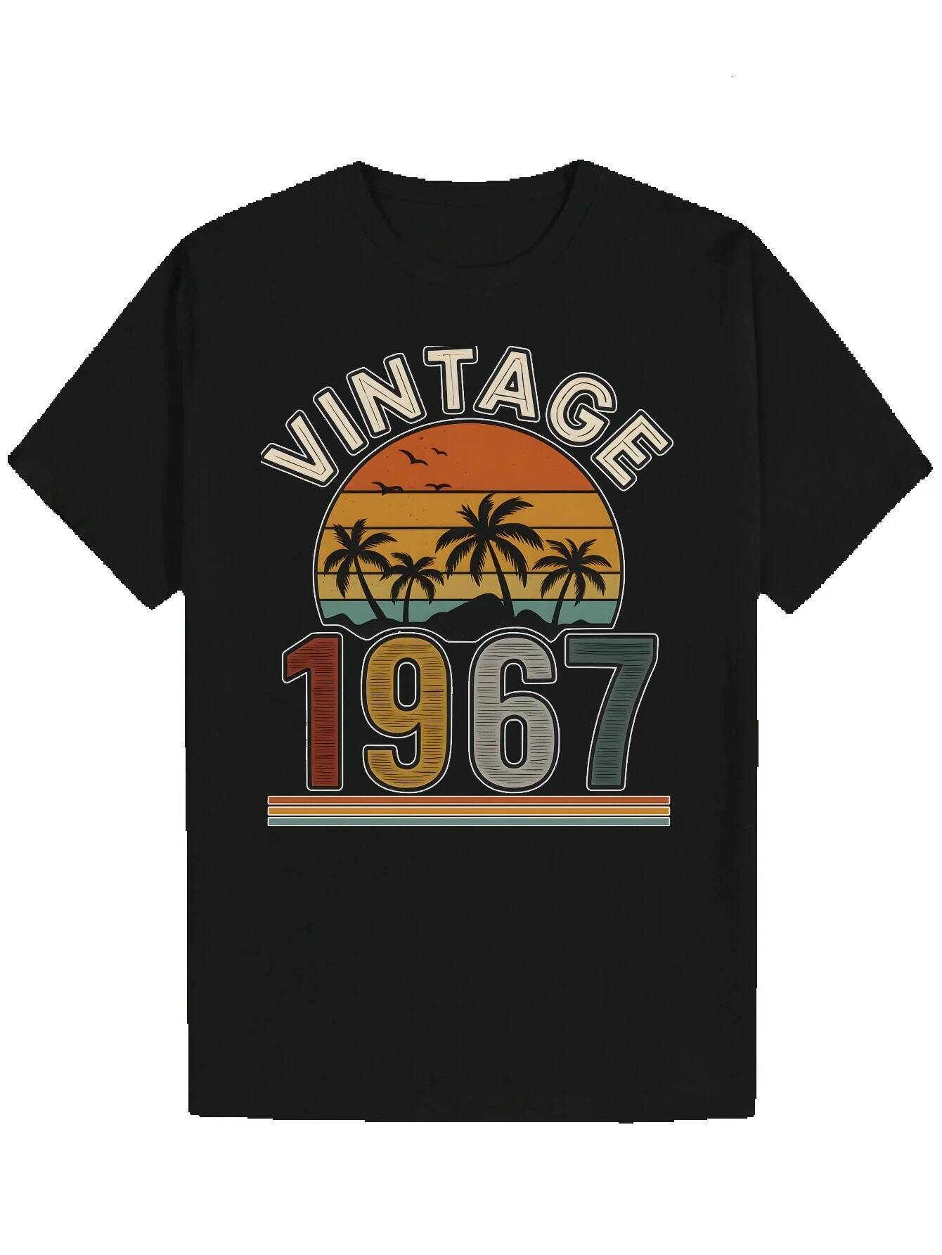 Men's 1967 Pattern - Round Neck, Short Sleeve, T-Shirt with Palm Tree and Sunset Design, Wear Essential, Summer Casual Clothing Style Shirt | Pol