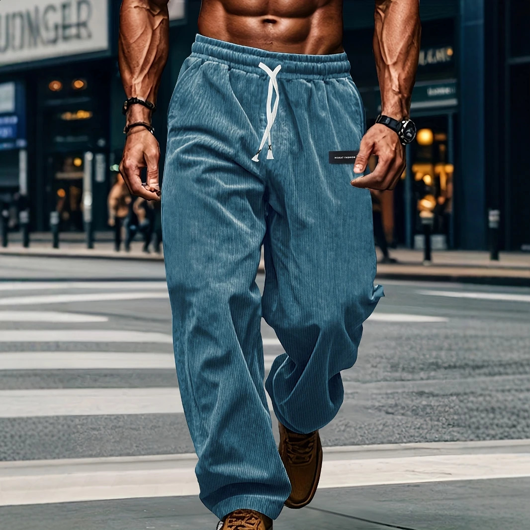 High Quality Striped Corduroy Mens Casual Pants Autumn Winter Loose Fashion Cargo Straight Pants Fitness Sports Hip Hop Pants 250811