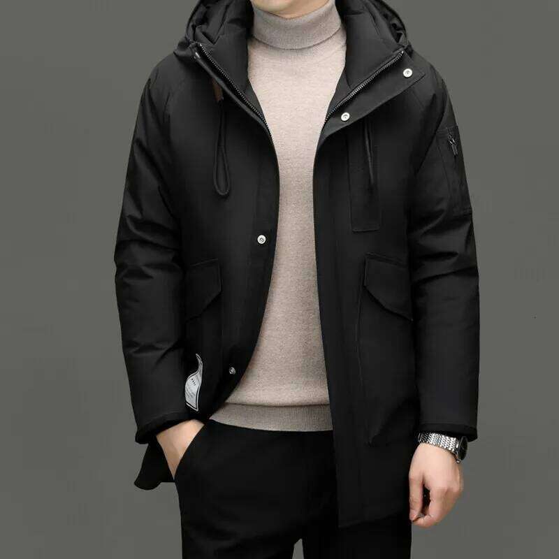 Classic 2025 Winter Men's Mid-Length White Duck Down Jacket Outdoor Windproof Wear Warm Hooded Puffer Coat Thick Clothing