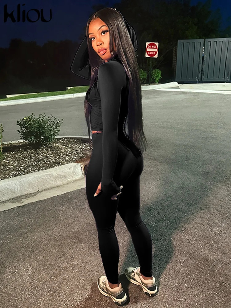 kliou Casual Women 2 Piece Set Classic Tracksuits Solid Long Sleeve Zip-up Hood TopsSlim Elastic Pants Sporty Concise Outfits 250806