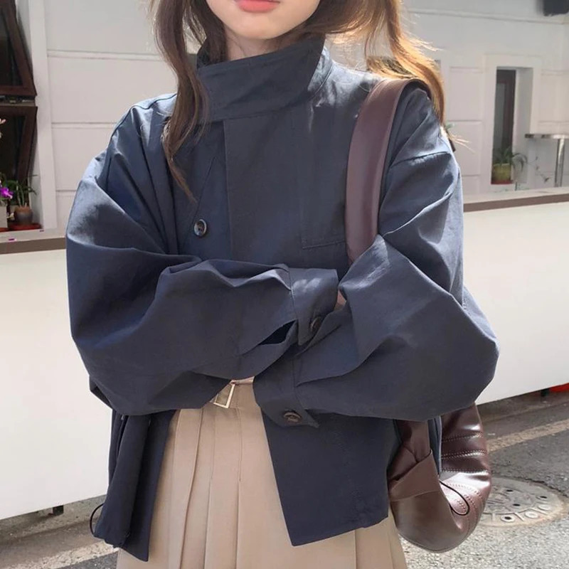Womens Short Trench Coat Korean Fashion Simple n Pure Color Long Sleeve Windbreaker Vintage Loose Fit Casual Autumn Jacket 250809