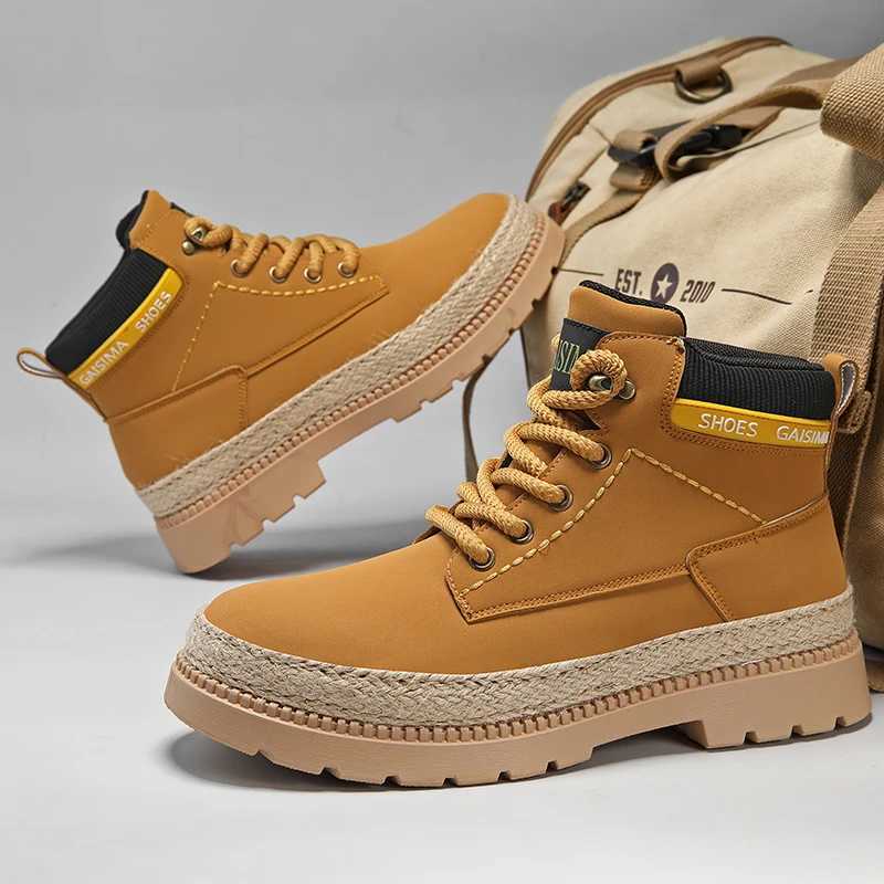 2024 Comfort Platform Boots for Men Trendy High Top Leather Boots Men Casual Hiking Shoes Autumn Fashion Yellow Work Boots Men W250811